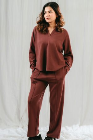 Mocha Muse  – Relaxed V-Neck Loungewear Set